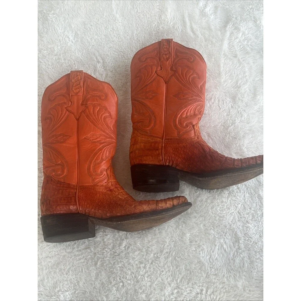 El Centauro Orange Caiman Belly Exotic Cowboy Boots Sz  6 D USA Handmade